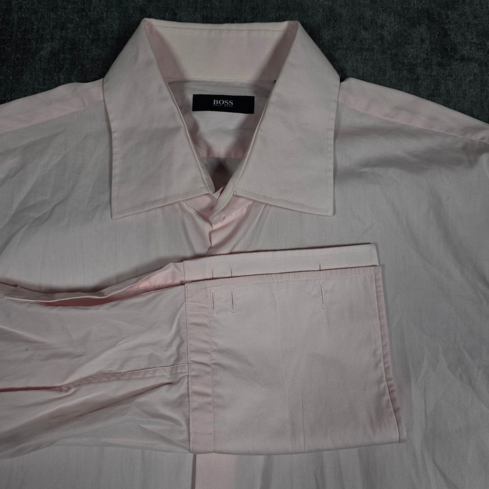 Hugo Boss Mens Light Pink Cotton French Cuff Dress Shirt 17.5 32/33 Solid Preppy